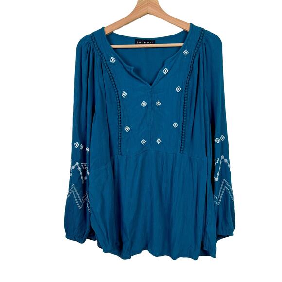 Lane Bryant Classic Split-Neck Embroidered Peasant Top in Ink Blue Size 20 - Picture 2 of 8